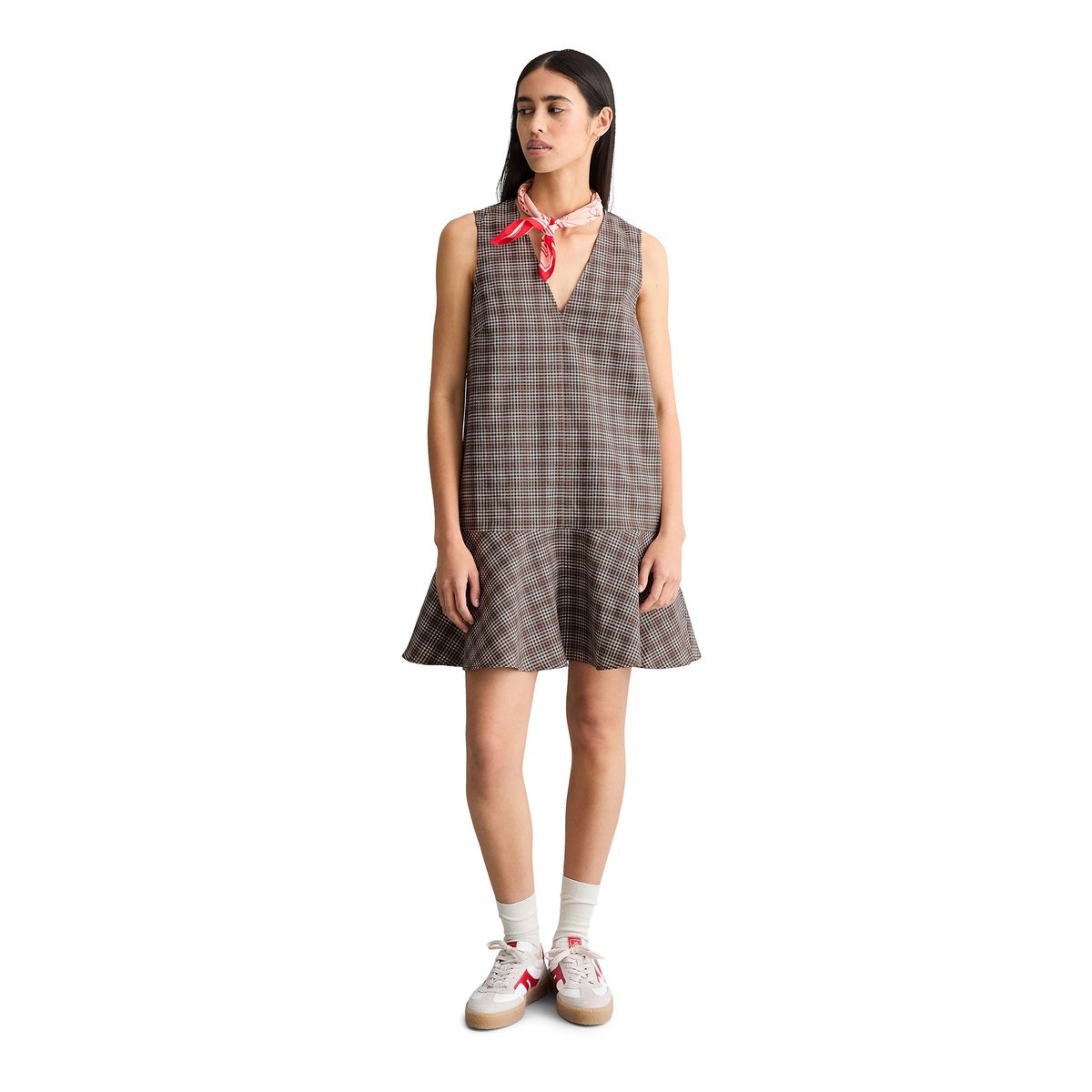Robe à volants à carreaux regular en mélange coton organique-lin marron foncé, MARC O’POLO DENIM