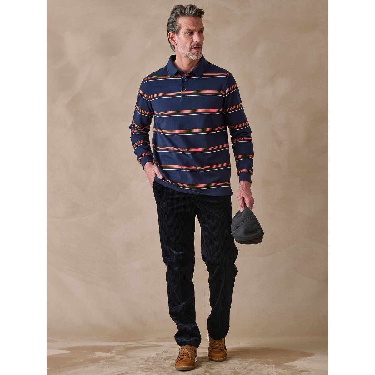 Polo rayé manches longues marine/orange, DAXON
