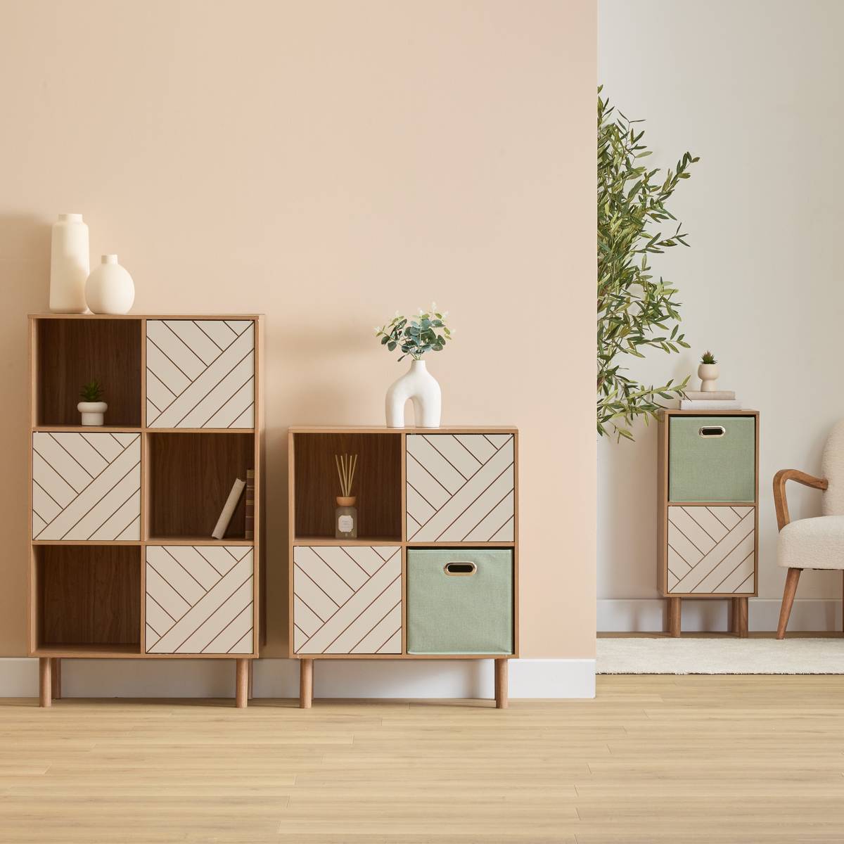 Etagère 2 cases 1 porte bois et motif rayé MIX'N MATCH marron, 5FIVE SIMPLY SMART