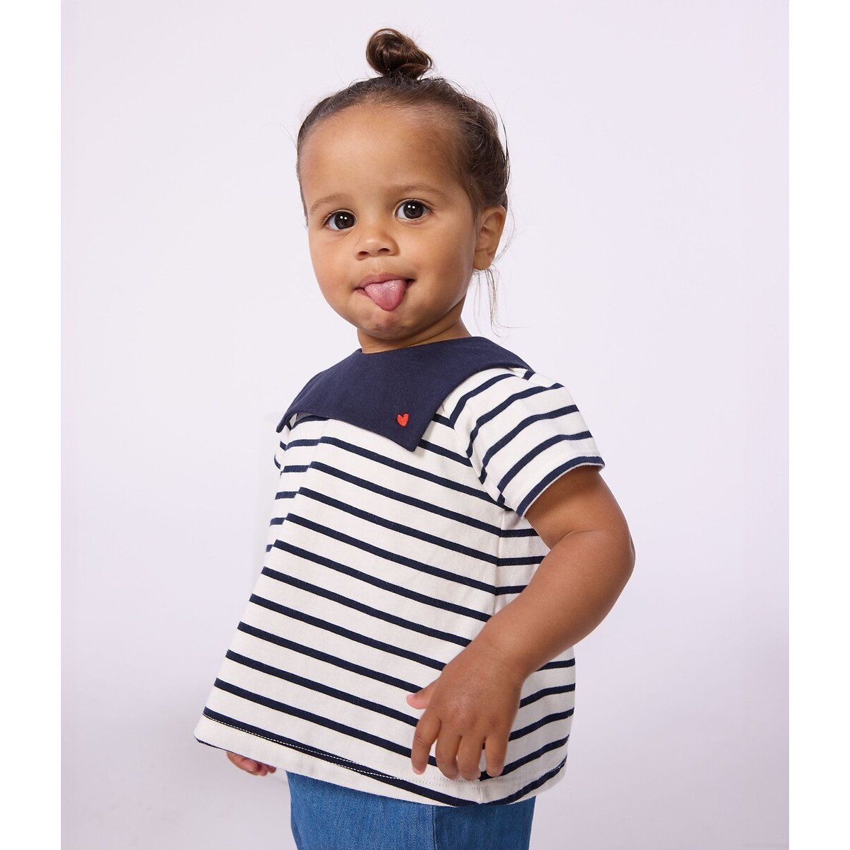 Blouse en coton, rayures marinières, à col brodé rayé bleu, PETIT BATEAU