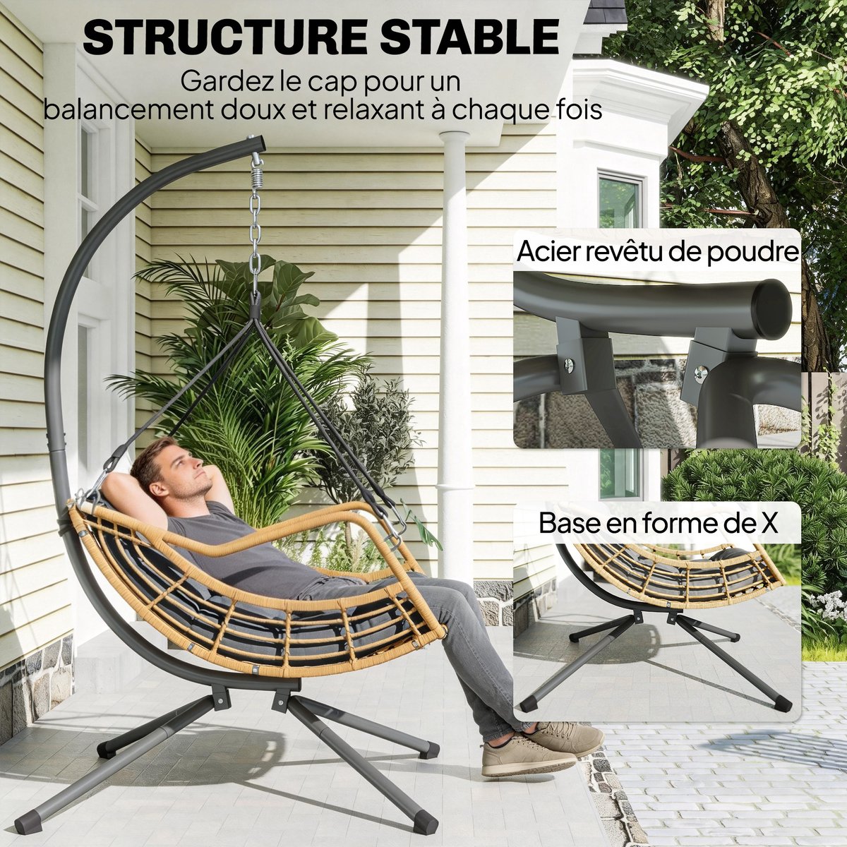 Fauteuil balancelle en rotin Résine tressée gris foncé, naturel, OUTSUNNY