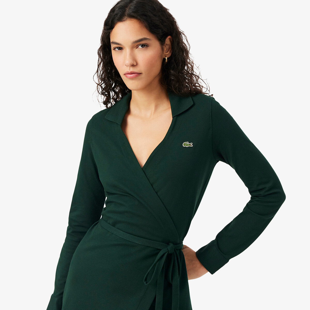 Abito longuette a maniche lunghe con collo a polo verde scuro, LACOSTE