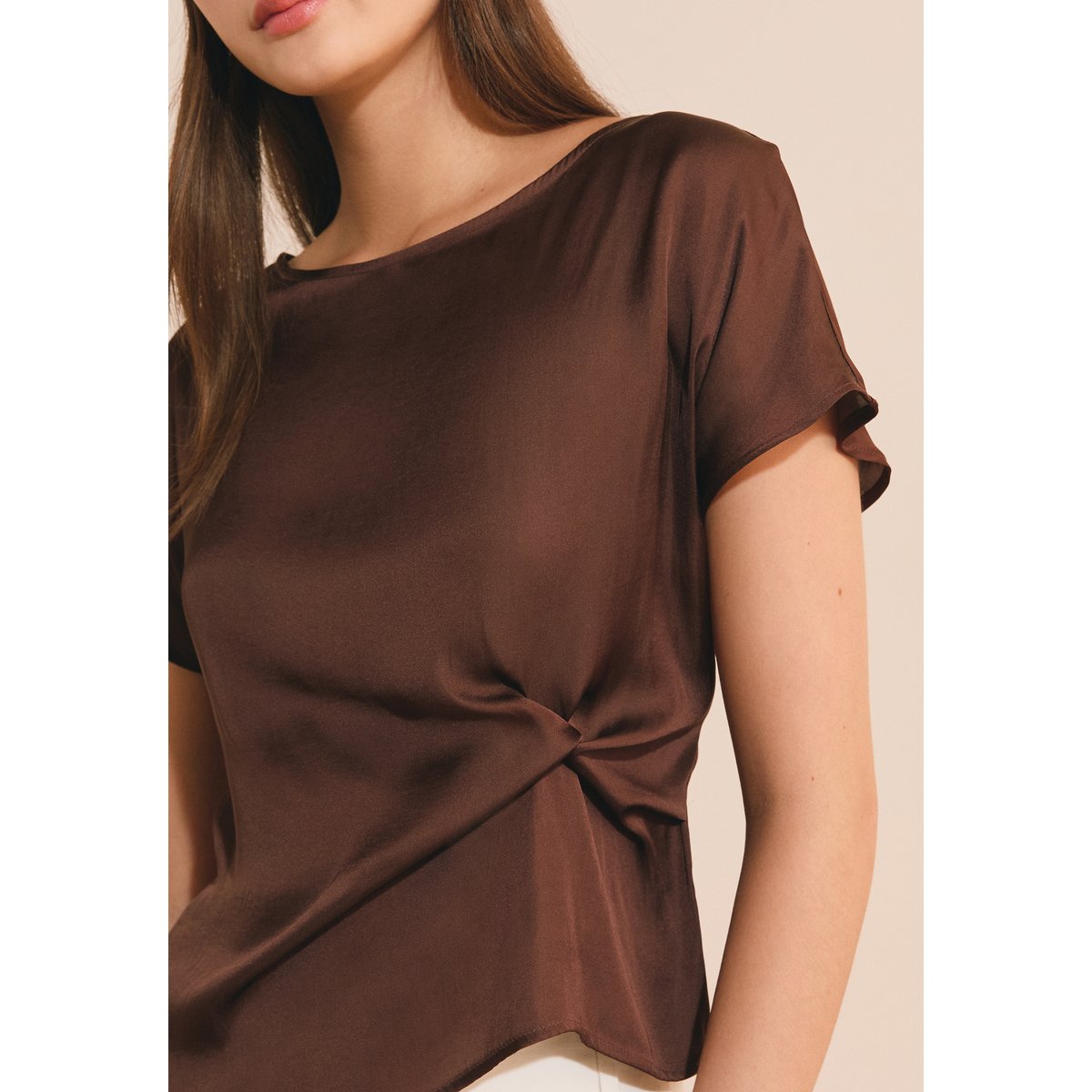 T-shirt drapé avec nœud satiné HANS chocolat, ETAM