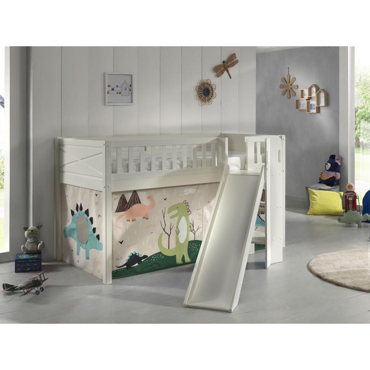 Scott Lit Mezzanine Toboggan et Rideau Dino couleur unique, VIPACK