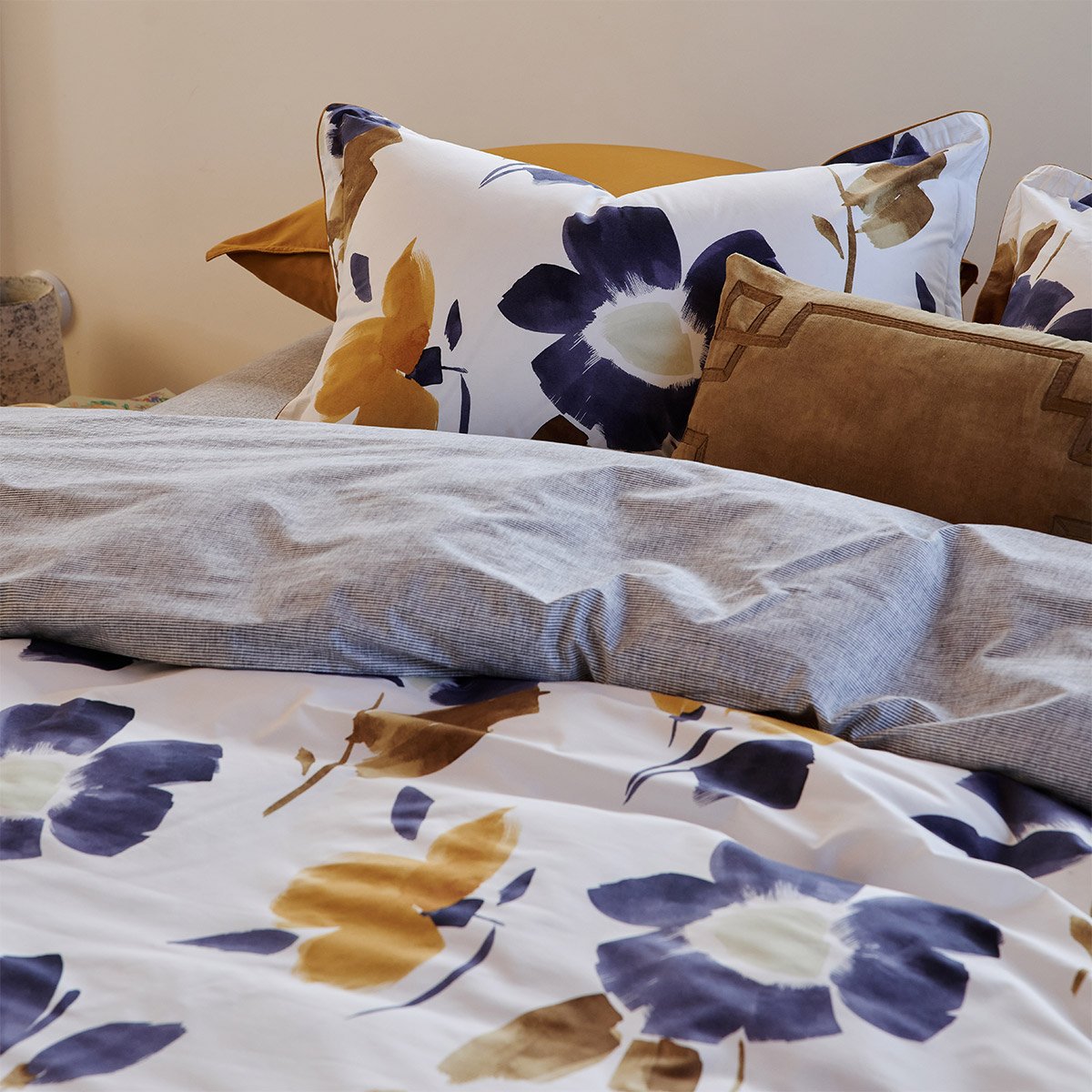 Housse de couette en percale de coton bleu, HEURE BLEUE a motif, DESFORGES