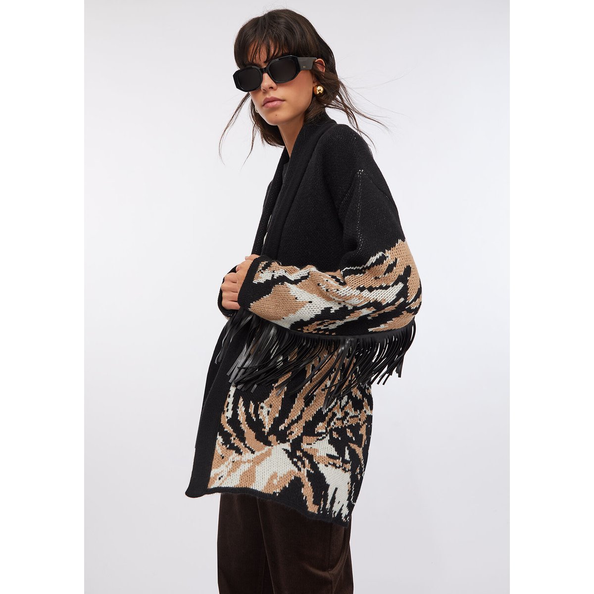 Cardigan en jacquard à franges noir, LIU JO