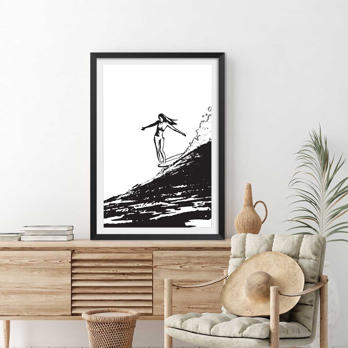 Poster surfeuse longboard affiche + cadre en bois - noir, HEXOA