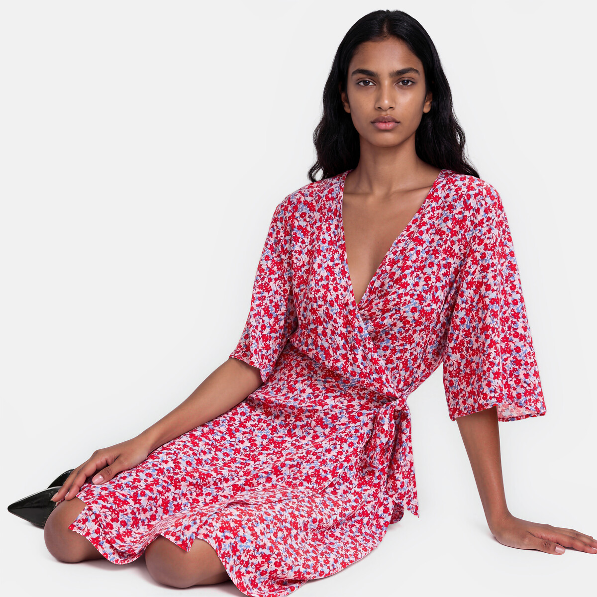 Robe cache-cœur évasée, imprimé floral, courte, manches courtes imprimé fleurs rouge, LA REDOUTE COLLECTIONS