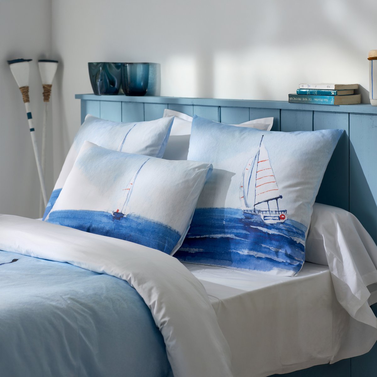 Taie d’oreiller percale de coton voilier marin bleu, TRADILINGE