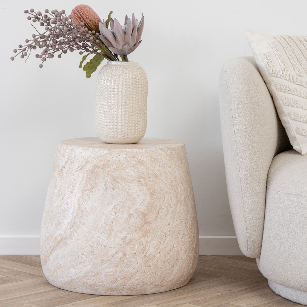 Table d'appoint ronde effet travertin  47,5cm- BONN beige, HOUSE NORDIC