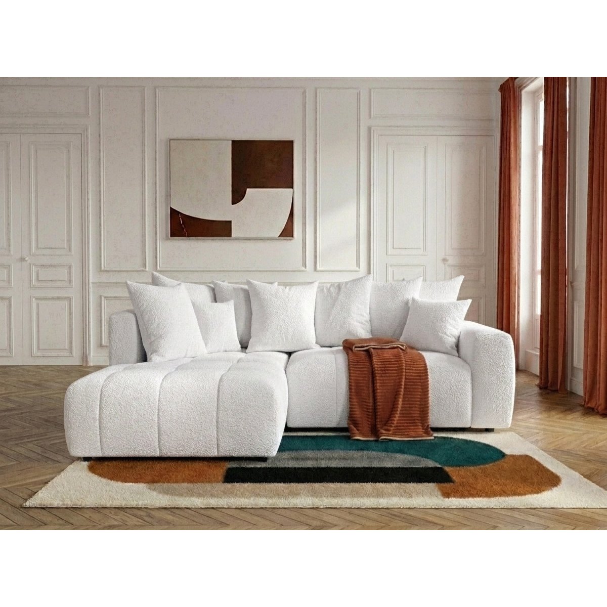Canapé d'angle convertible 4 places en tissu bouclette, ROXELANE blanc, BOBOCHIC