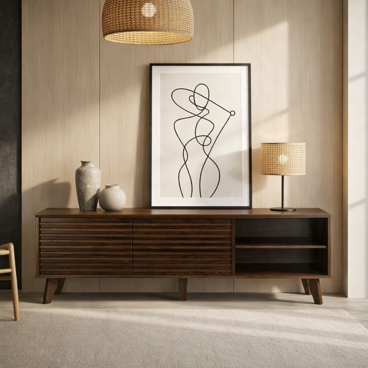 Meuble TV portes coulissantes Façades Effet Bois Rainuré L135 cm - FRIBOURG bois foncé, CALICOSY