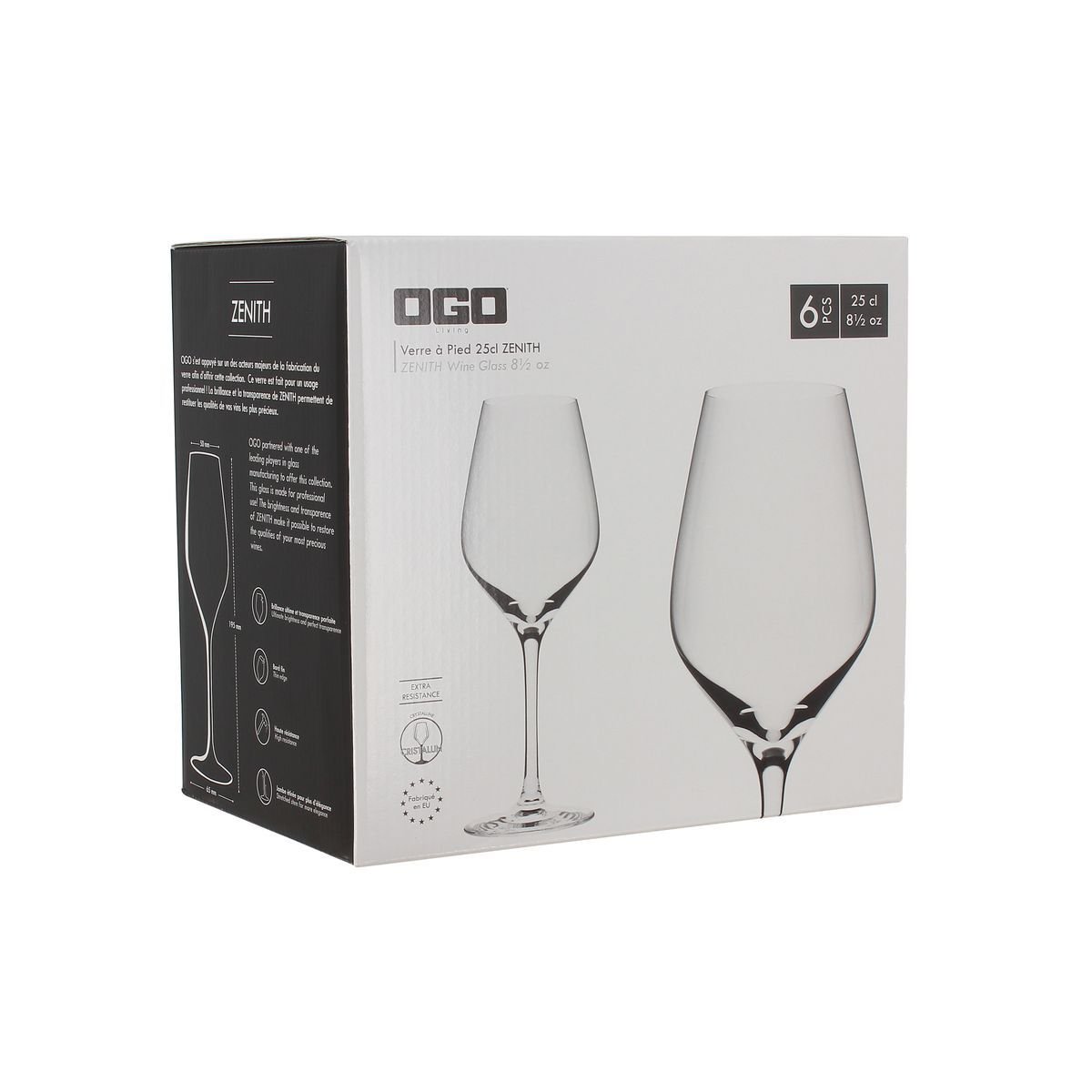 Lot de 6 verres à pieds 25cl, ZENITH transparent, OGO LIVING
