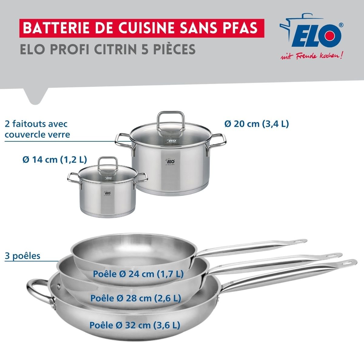 Batterie 3 poêles 24/28/32cm + 2 faitouts 14/20cm PROFI CITRIN gris, ELO