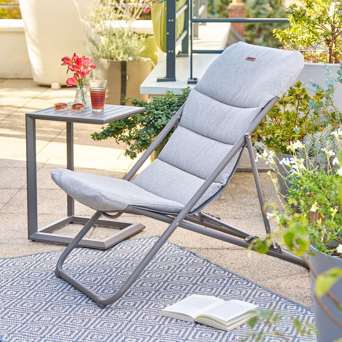 Lot de 2 chiliennes de jardin pliante NILLIA gris clair, TOILINUX