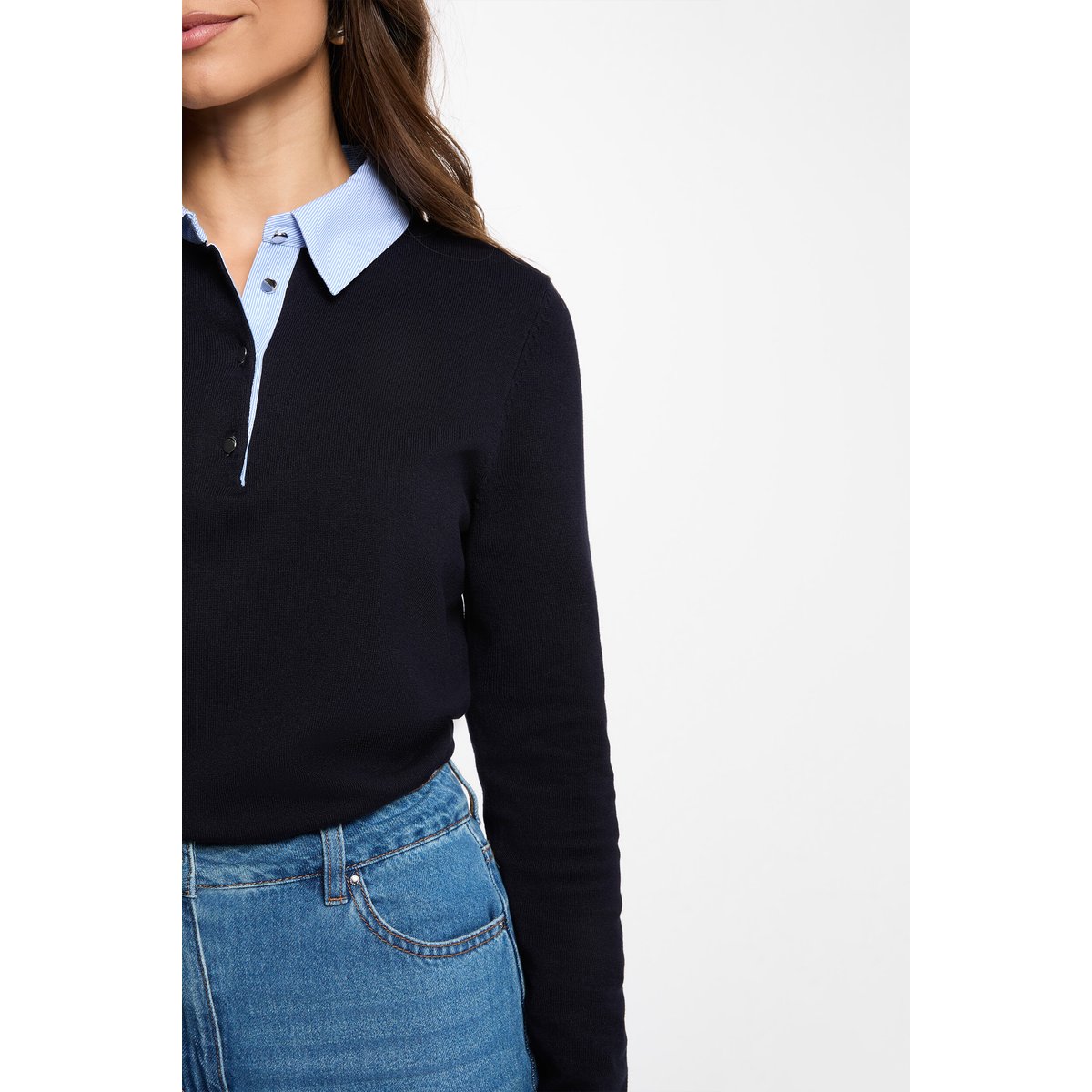 Pull col chemise bleu marine, MORGAN