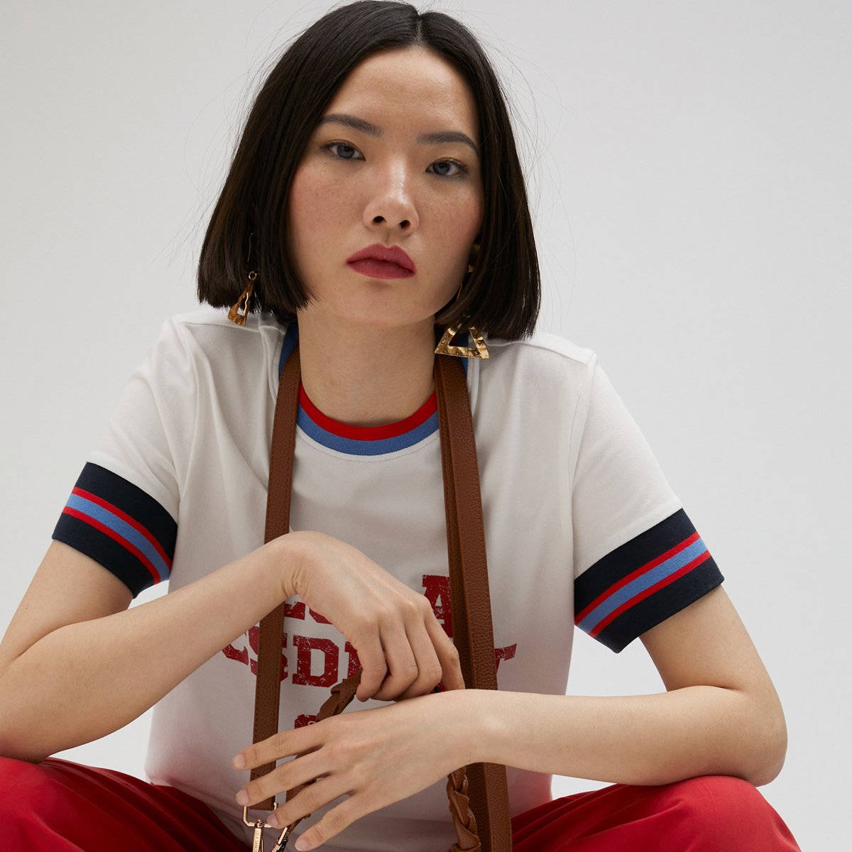 Pantalon palazzo taille haute en lin mélangé rouge foncé, LOLA CASADEMUNT
