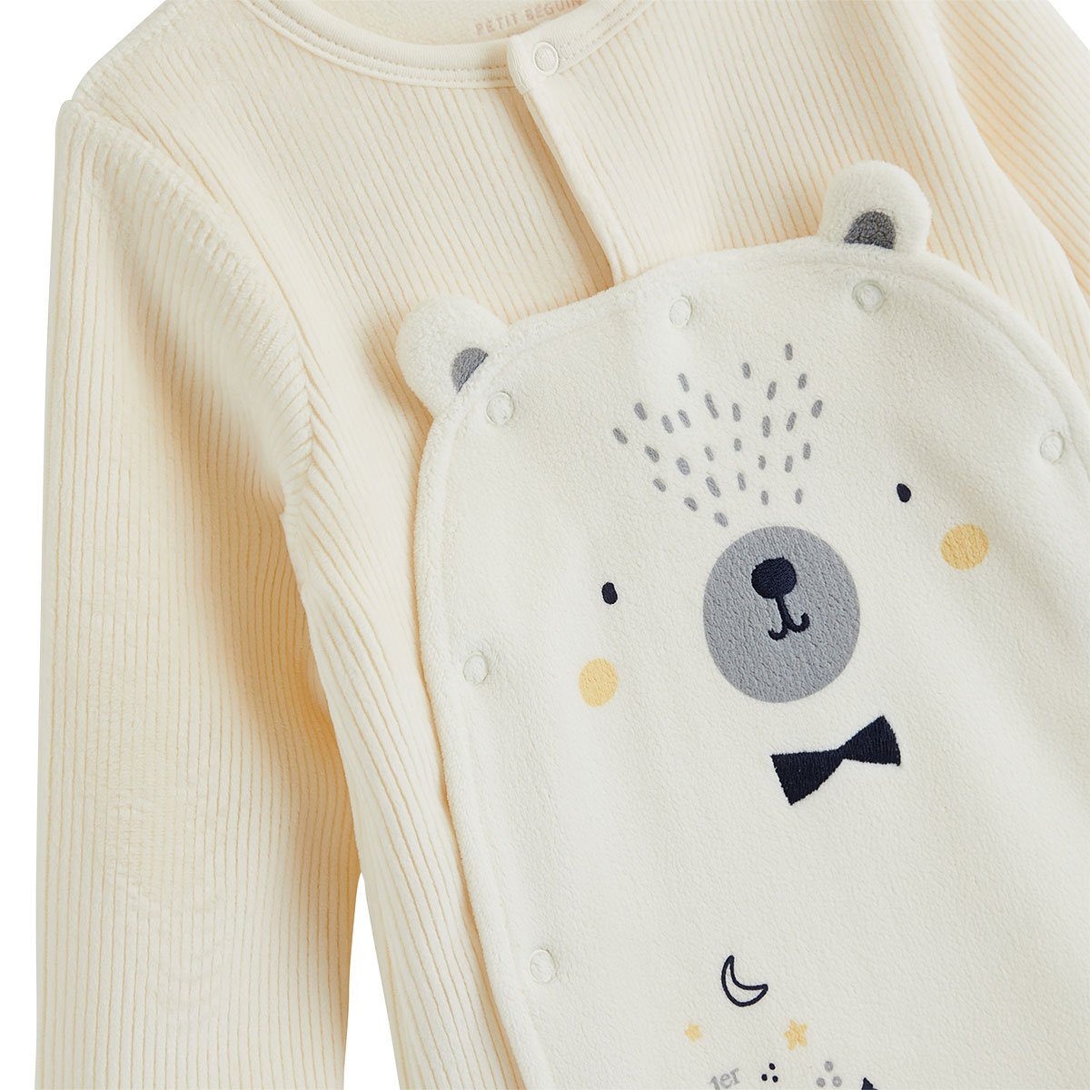 Pyjama bébé en velours ouverture pont Flocon ecru, PETIT BEGUIN