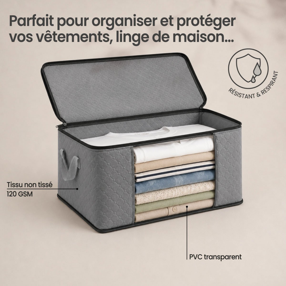 Lot de 2 sacs de rangement pliable pour vêtements, linge de maison avec poignées gris, VIVEZEN