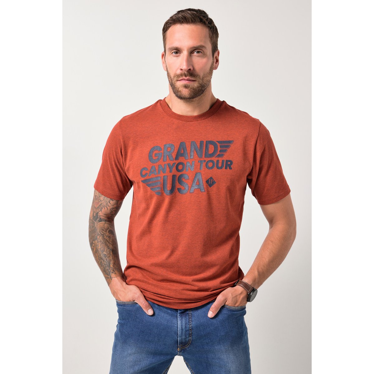 T-shirt, manches courtes et imprimé poitrine marron brique, JP1880