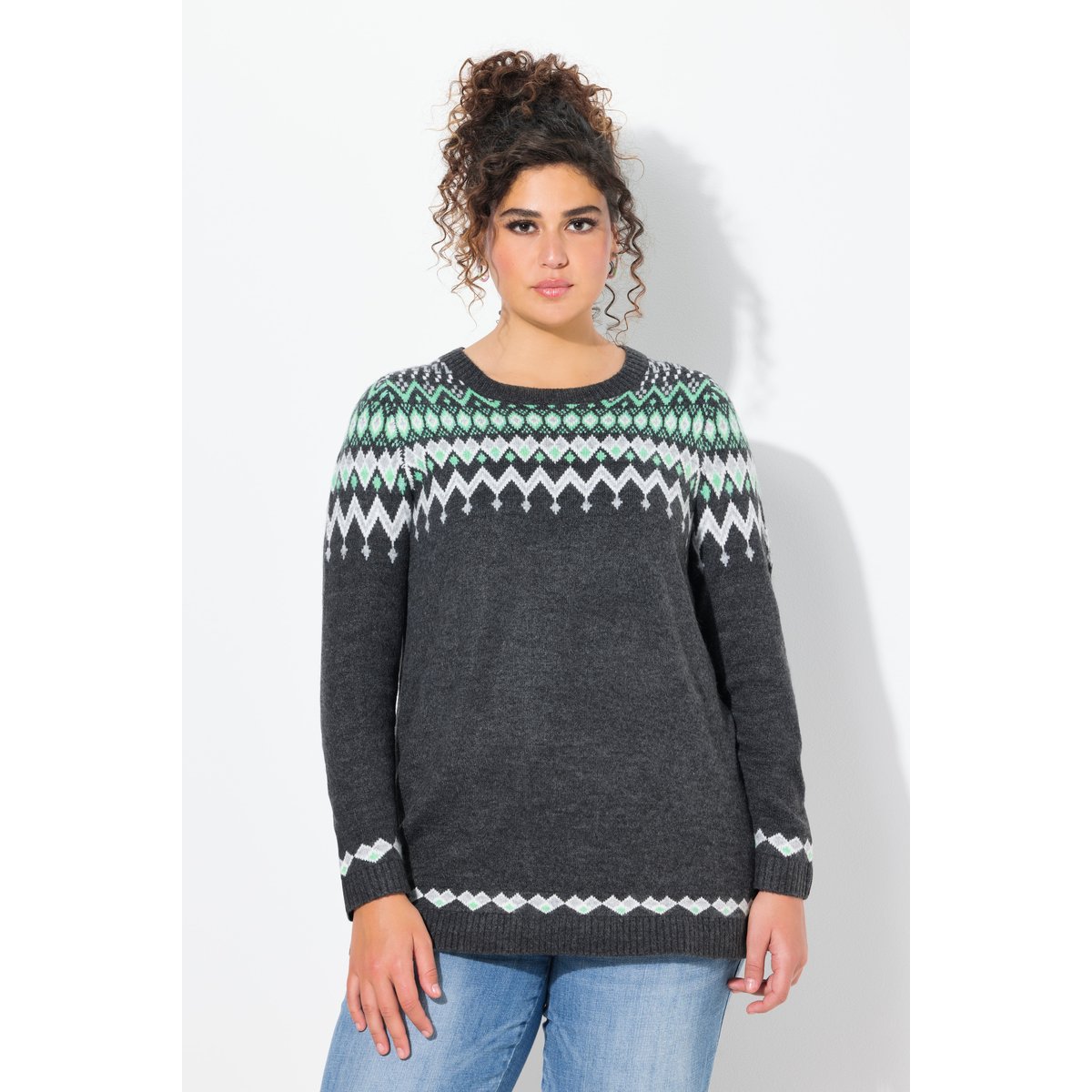 Pull norvégien à col rond et manches longues chiné gris foncé, ULLA POPKEN