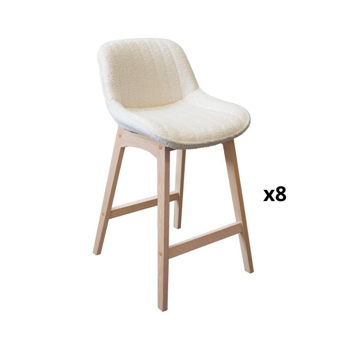 Lot de chaises d'îlot et bar en chêne et assise tissu bouclette 65cm MILK | Lot de 8 crème, MOB IN