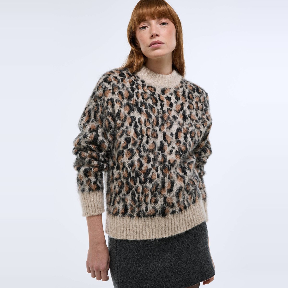Pull manches longues en léopard ecru, MONOPRIX