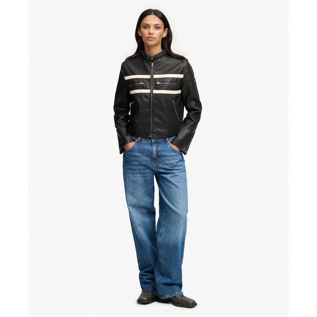 Veste Moto Faux Cuir Coupe Ajustée noir délavé/blanc cassé, SUPERDRY