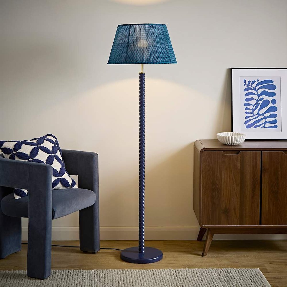 Amalia Twist Floor Lamp with Pleated Taper Shade navy blue, SO'HOME