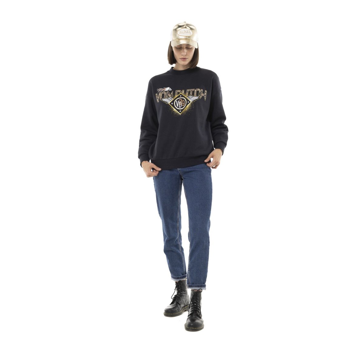 Sweatshirt crewneck PATCH noir/jaune/beige, VON DUTCH