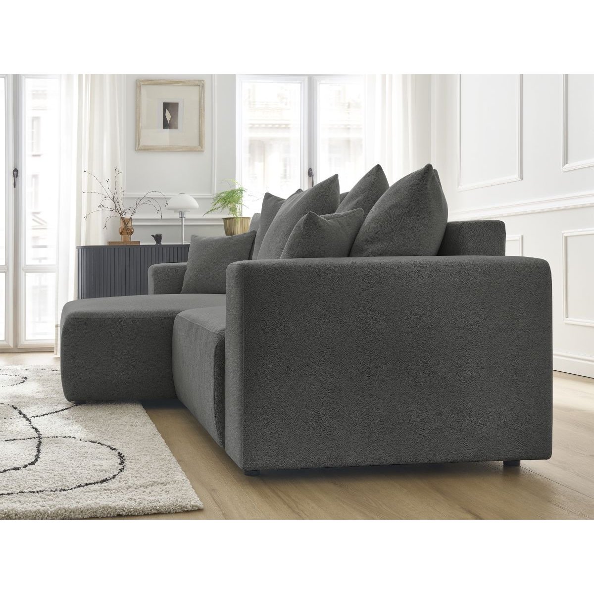 Canapé d'angle convertible 3 places en tissu chiné, ATILLA gris foncé, BOBOCHIC