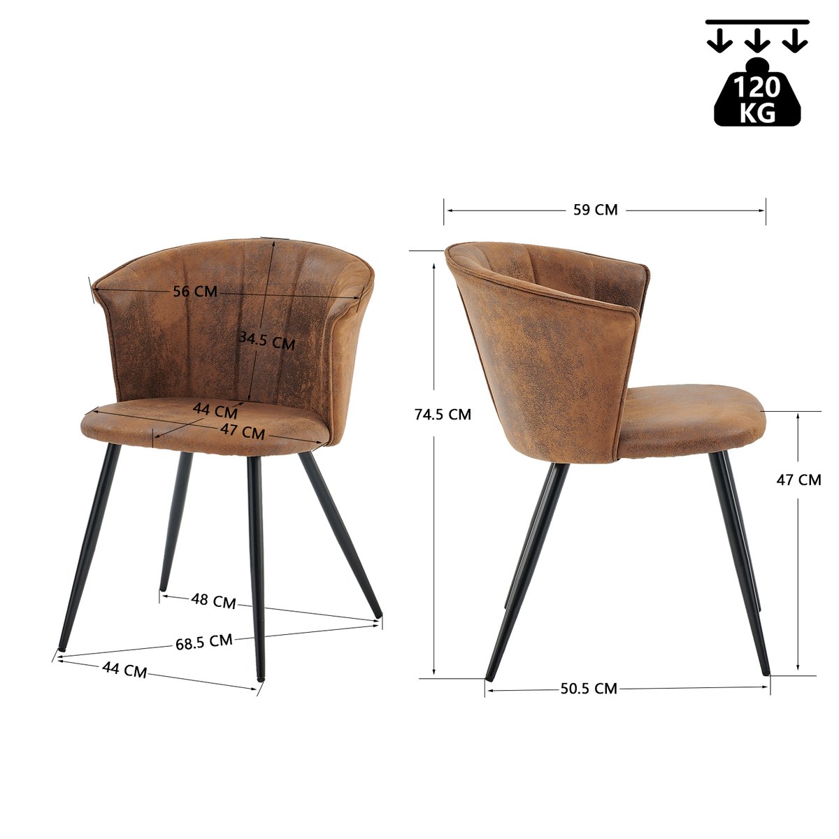 Lot de 6 chaises de salle à manger en microfibre effet suédine style vintage rétro avec structure en métal noir, DONCIC marron, MEUBLES COSY