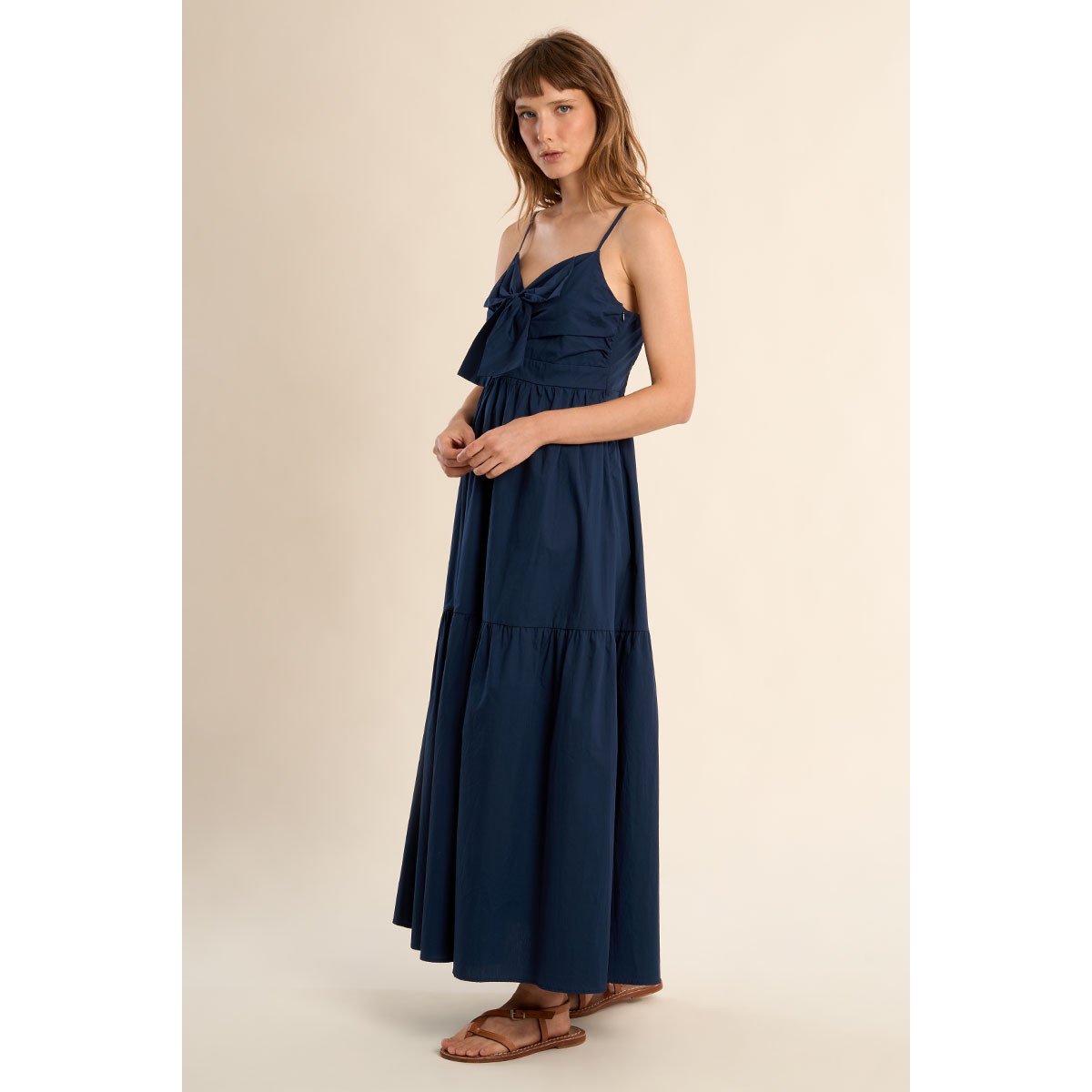 Robe longue en coton, bustier noué navy blue, MOLLY BRACKEN
