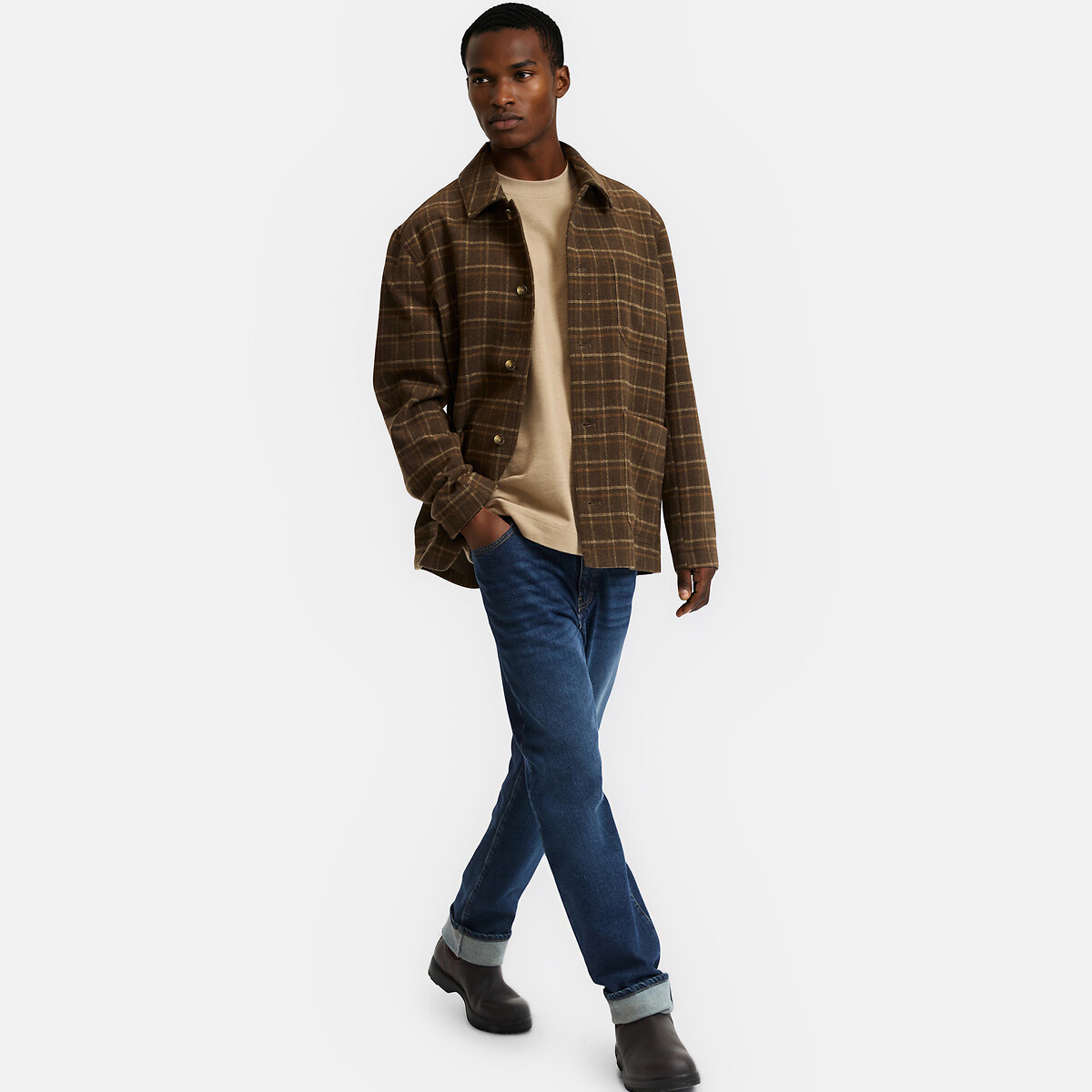 Checked Long Straight Fit Jacket brown checks, LA REDOUTE COLLECTIONS