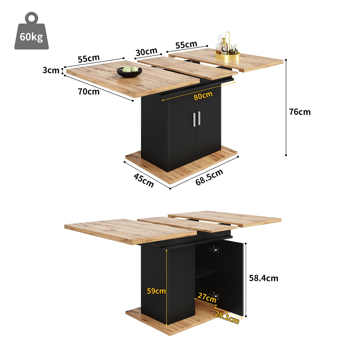 Table à manger extensible à allonge papillon intégrée, ZARAE chêne, MEUBLES COSY