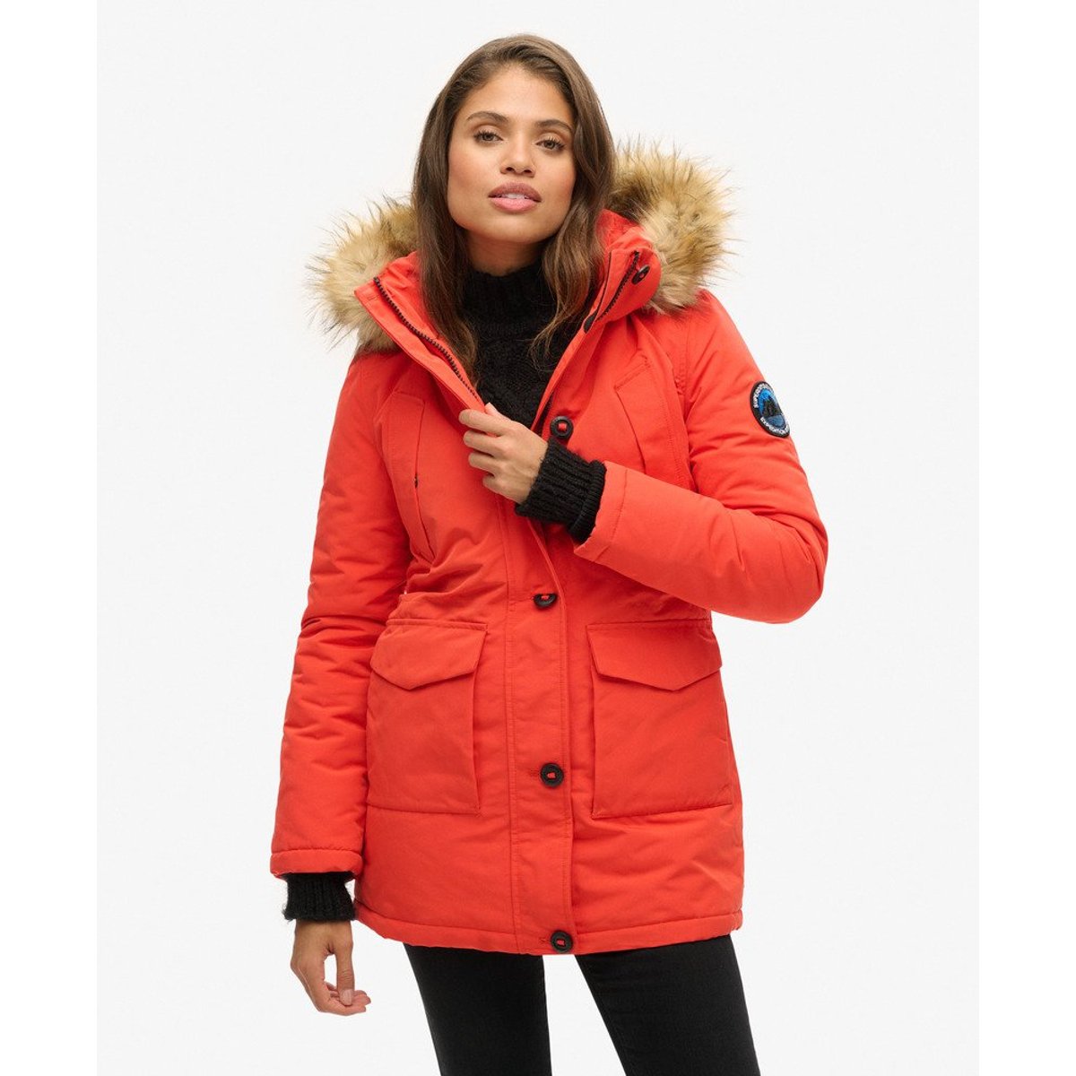 Parka à capuche imitation fourrure mi longue orange vif, SUPERDRY