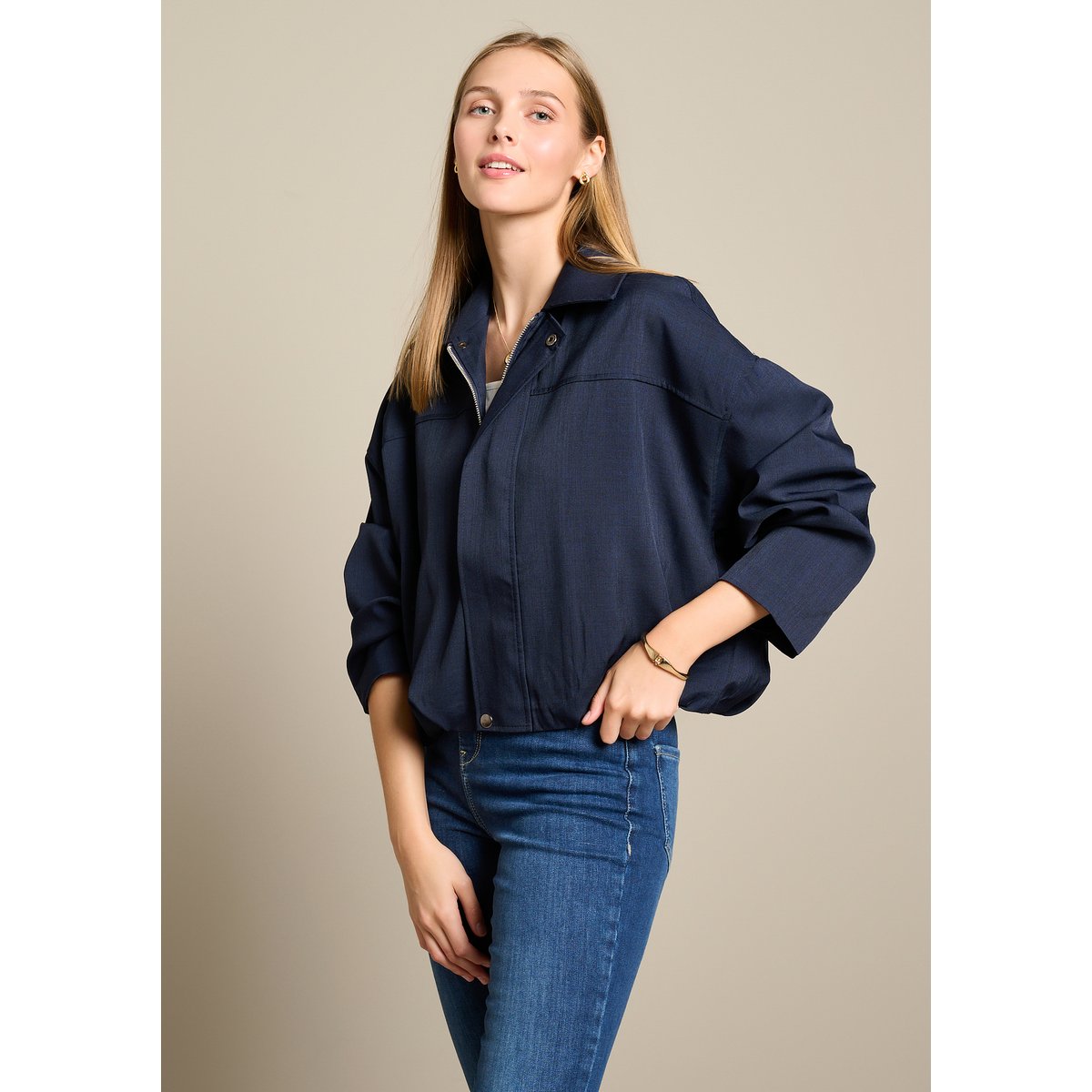 Bomber fluide zippé bleu marine, LOLALIZA