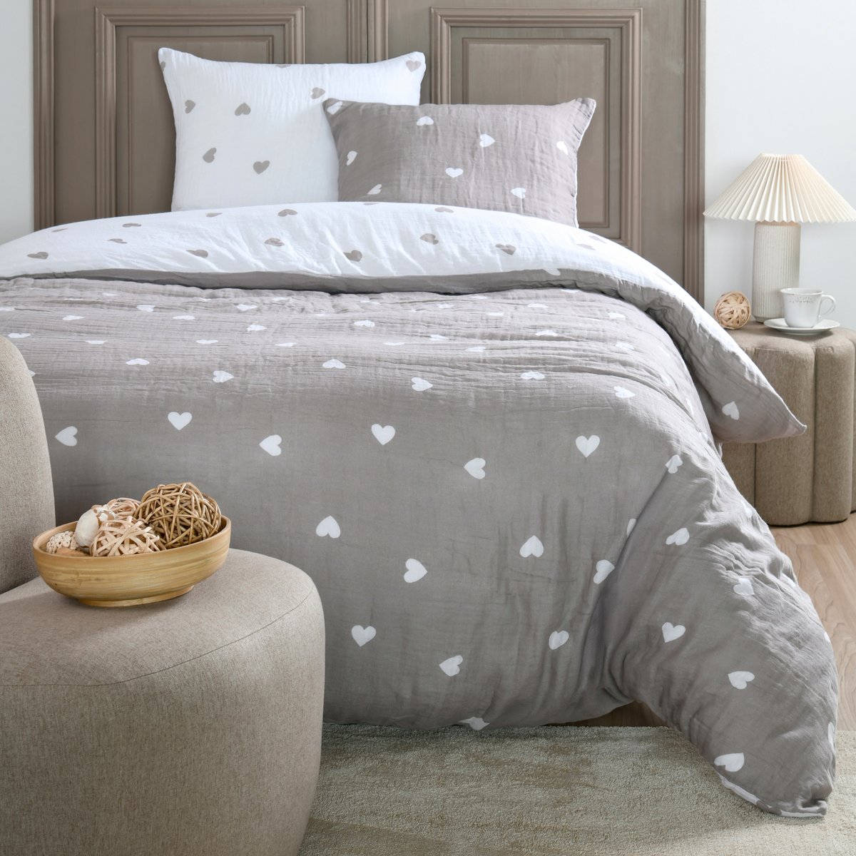 Parure de lit Charme en gaze de coton taupe, EDEN