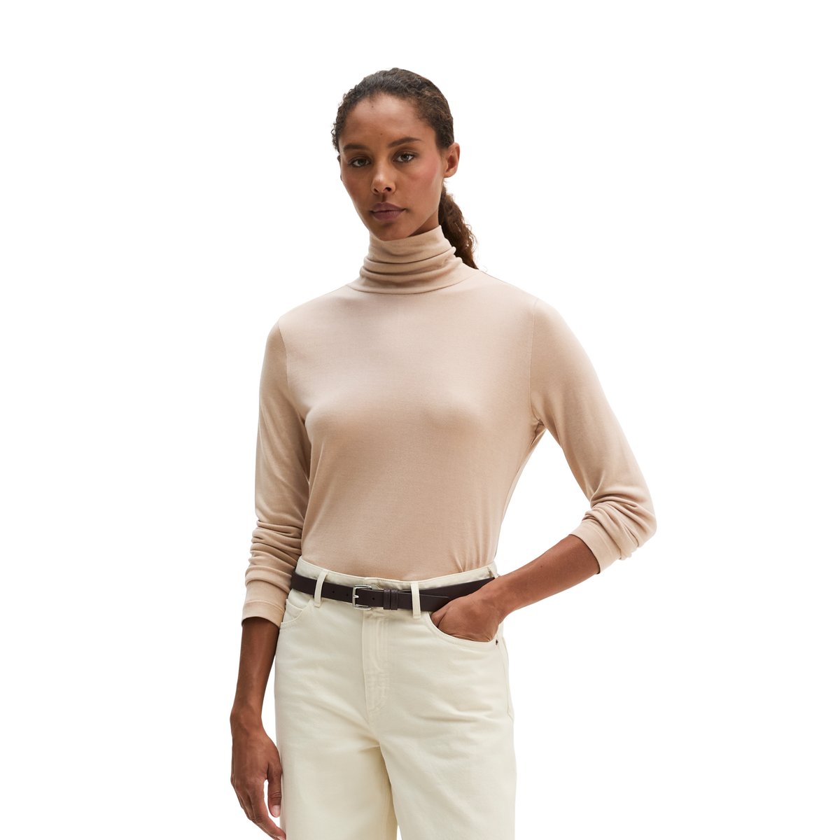 T-shirt long à col roulé regular en TENCEL™ Lyocell gris, MARC O'POLO