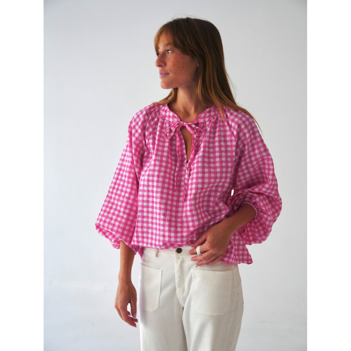 Blouse vichy col noué MATILDE rose / fuchsia, MINDTRAVELER