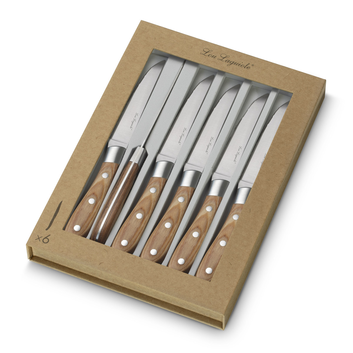 Coffret 6 couteaux steak bois de pakka - ELIAS bois clair, LOU LAGUIOLE