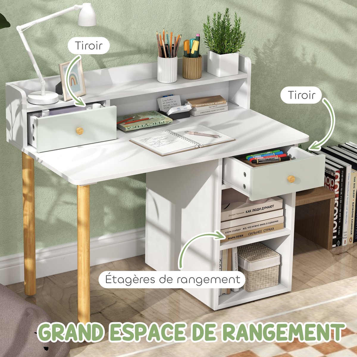 Bureau d'étude pour enfants avec chaise MDF vert clair, blanc, AIYAPLAY