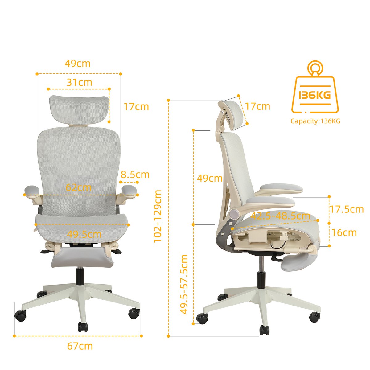 Chaise de bureau ergonomique en maille, VONGER MESH gris, MEUBLES COSY