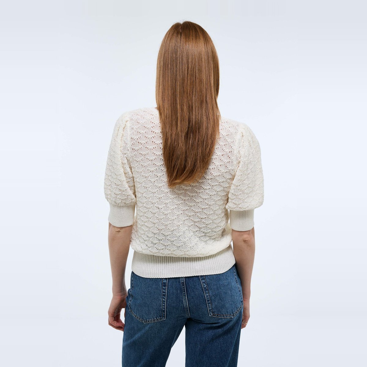 Top manches coudes en maille fantaisie ecru, MONOPRIX