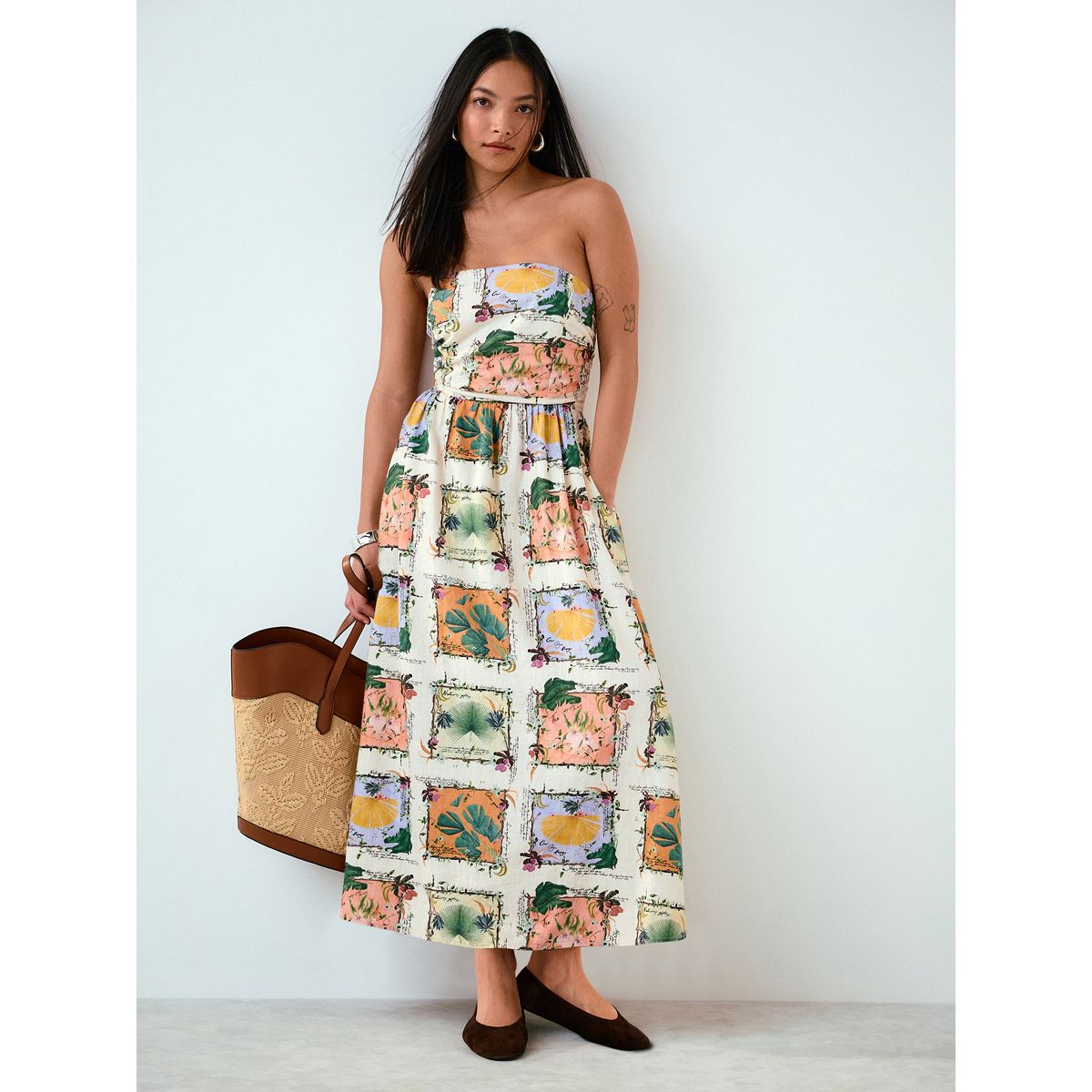 Robe mi-longue bandeau froncée en lin mélangé collection kew imprimé floral écru, NEXT