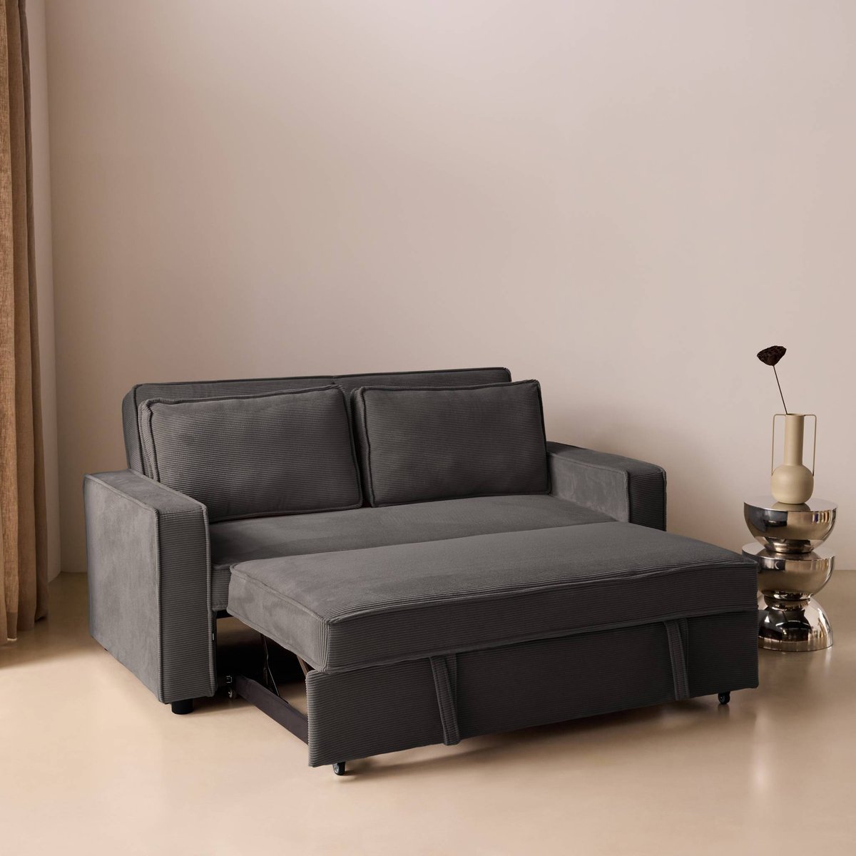Canapé convertible 2 places velours côtelé CHILL gris clair, SWEEEK