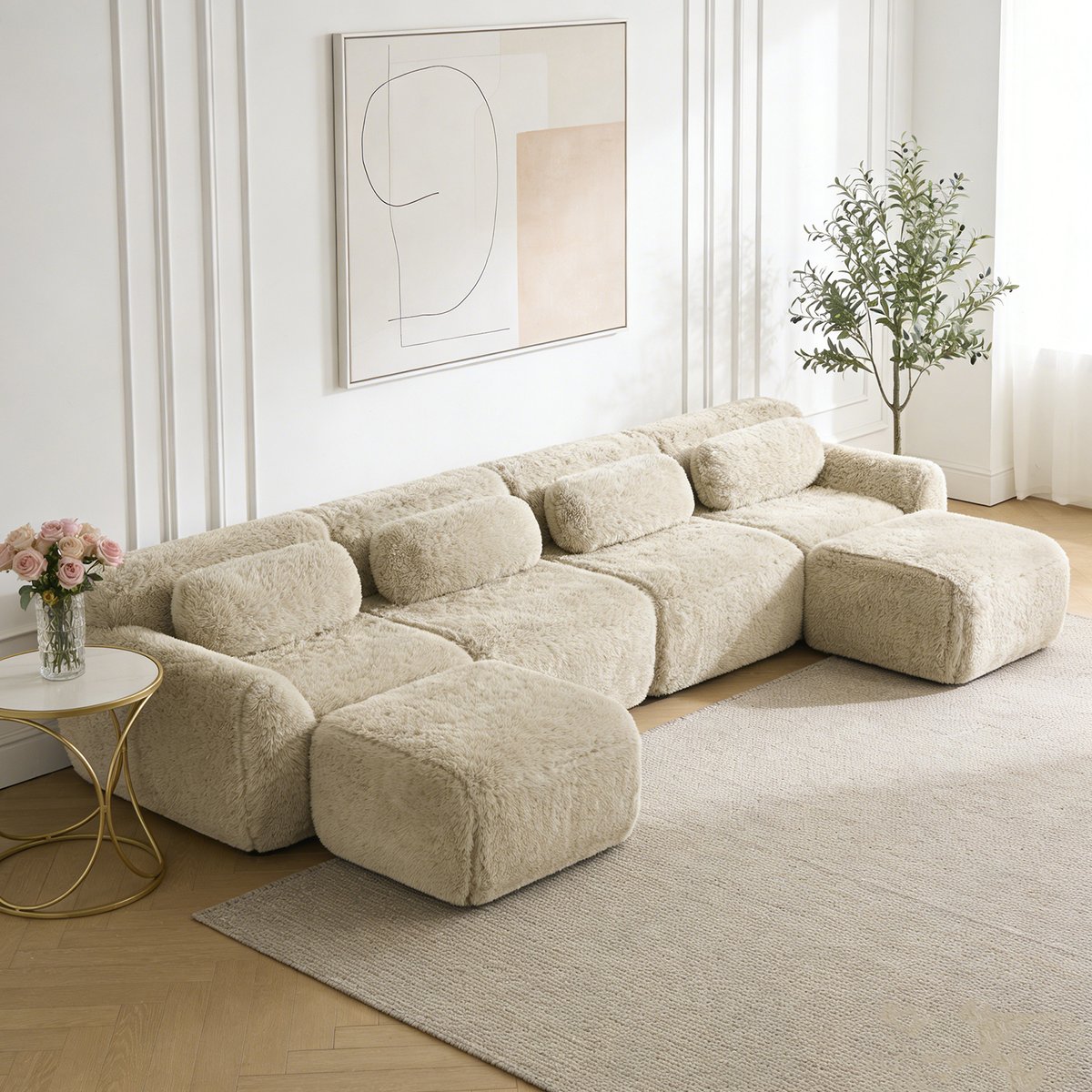 Canapé d'angle réversible 4 places avec 2 poufs, WIND kaki, MEUBLES COSY