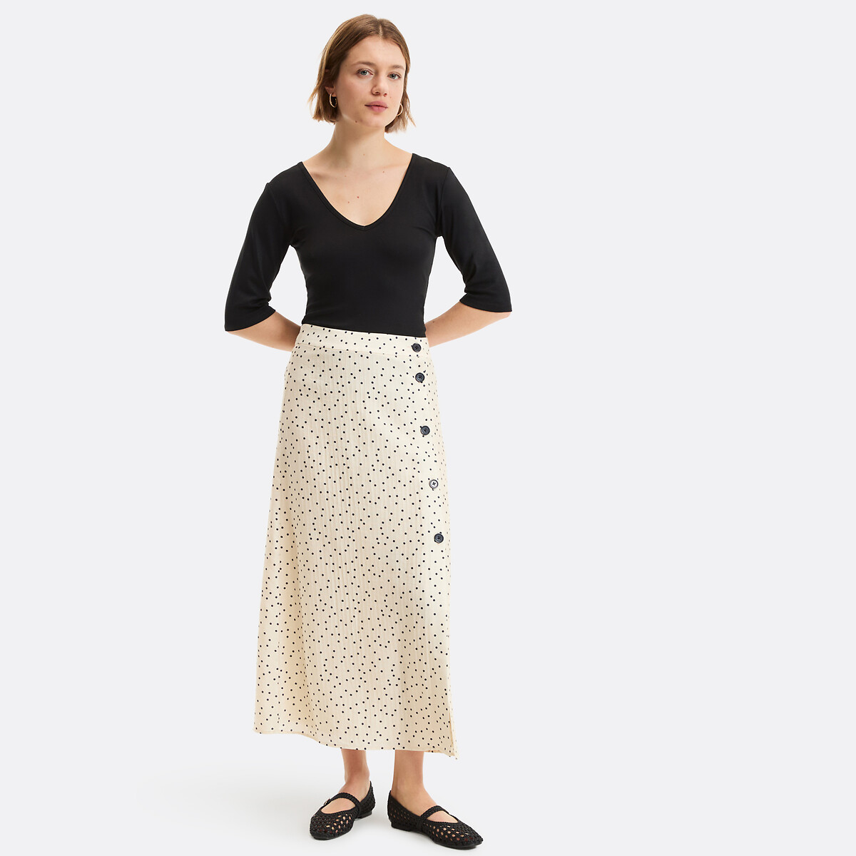 Jupe longue boutonnée imprimé pois imprimé pois fond écru, LA REDOUTE COLLECTIONS