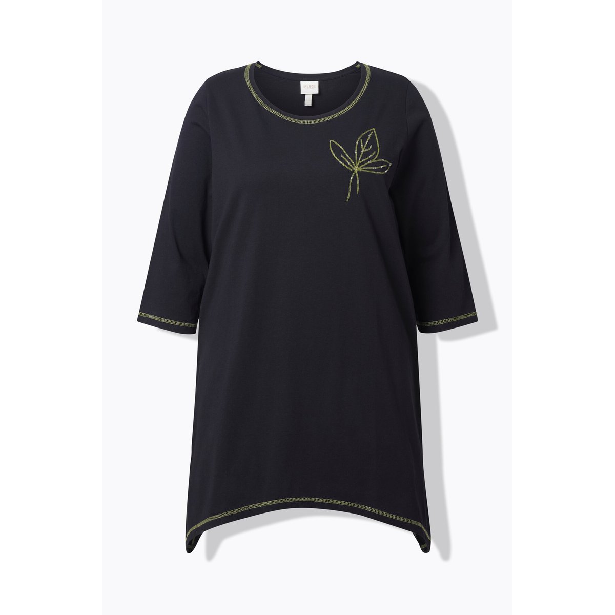 T-shirt en coton bio, feuille brodée noir, ULLA POPKEN