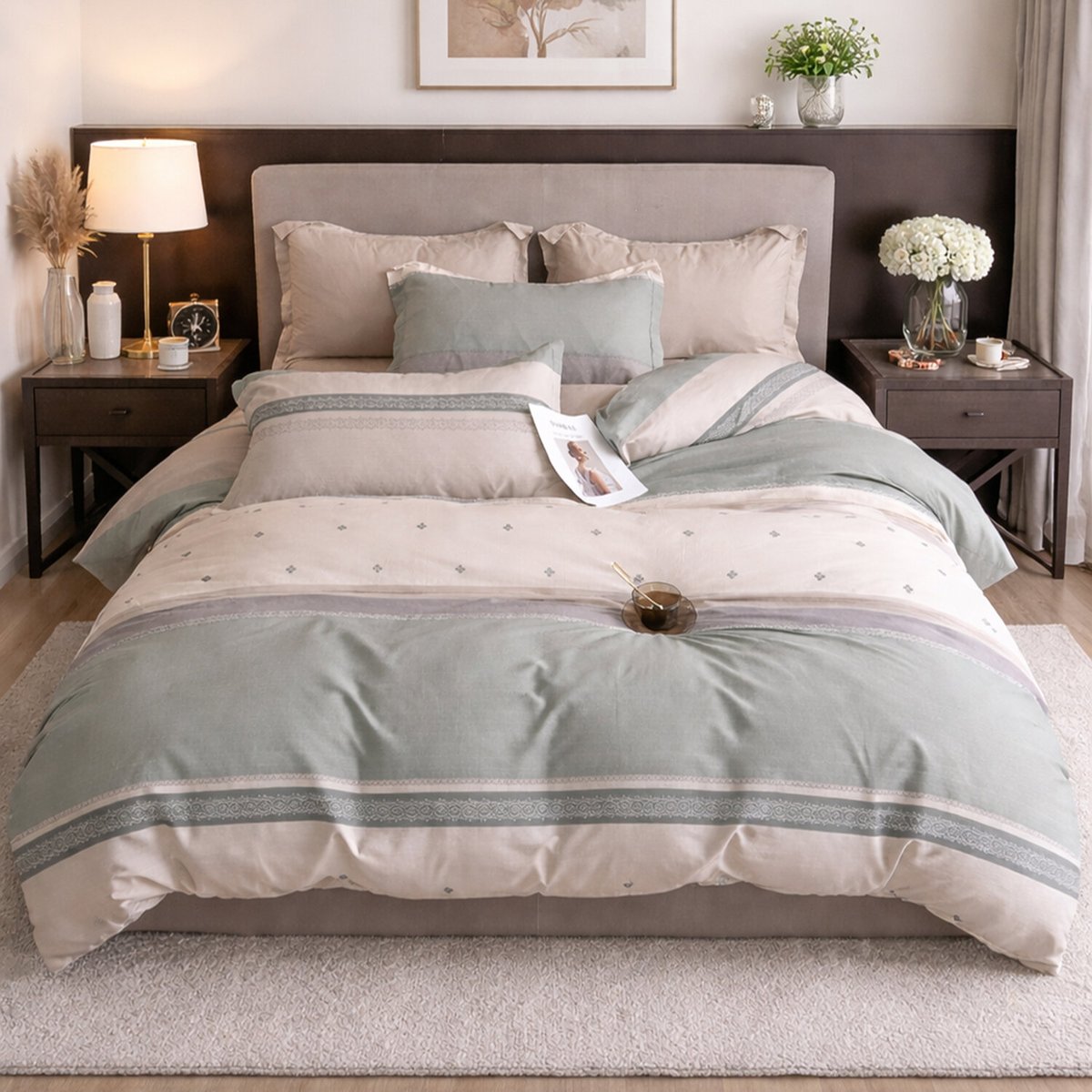 Parure de lit en percale de coton imprimé rayures beige vert, Inthé multicolore, C DESIGN HOME TEXTILE